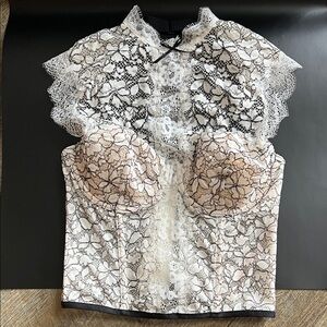 Victoria's Secret White Lace Bustier with Black Floral Overlay